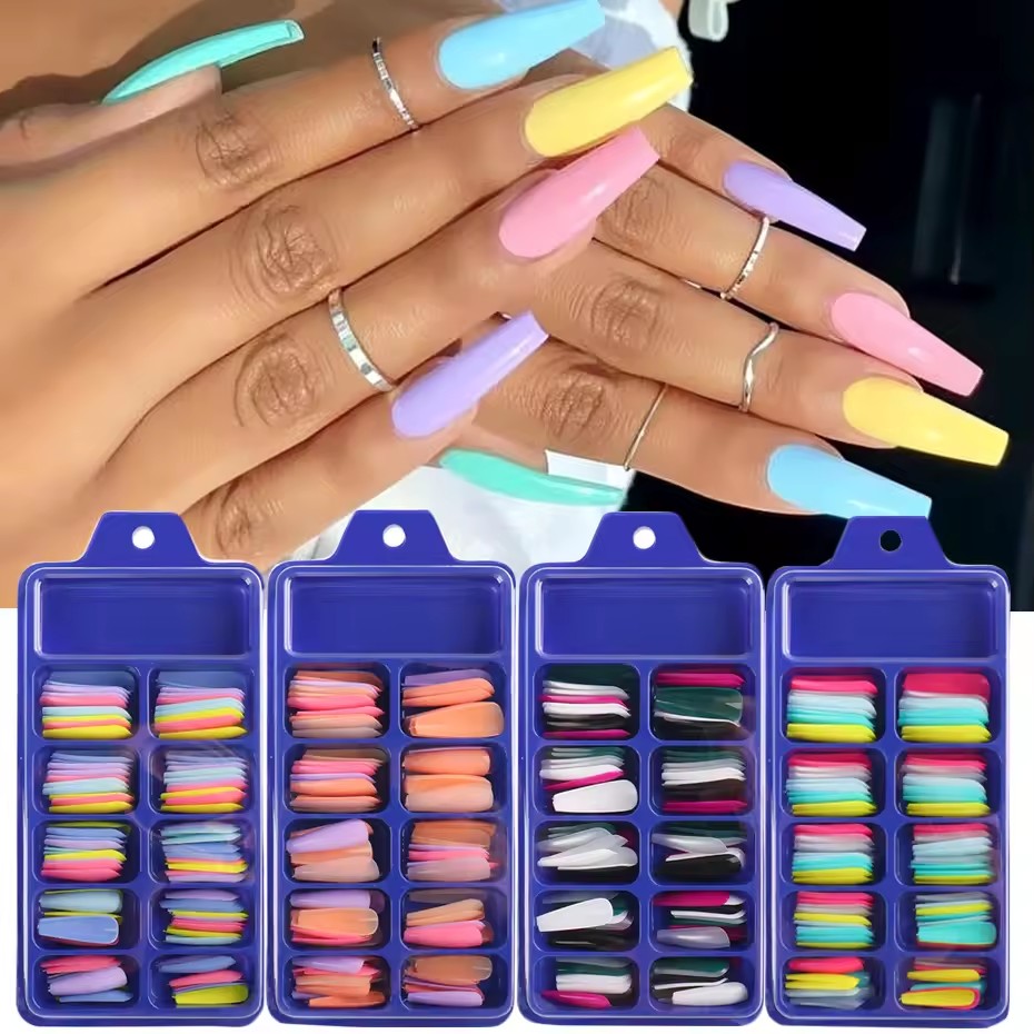 100pcs False Nail Press On Nails Acrylic Extension Coffin Forms Nail Tips Gel Nail Polish Artificial Nail Sets Kits Tools