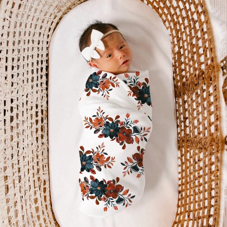 Baby scarf, newborn swaddling cloth, fetal cap and headband, three piece anti shock printed elastic wrap