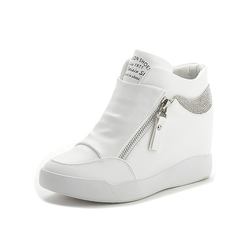 Rhinestone Internal Increased High-top Shoes Trifle Single Shoes Double Zipper Student Travel Sports Casual Shoes Women