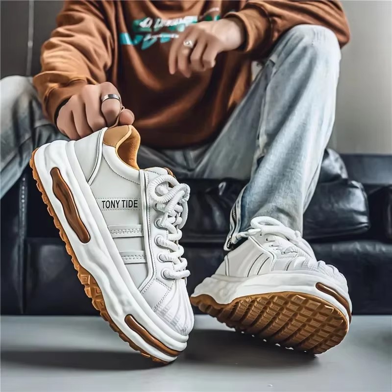 Men's Sneakers Design Printing Leather Casual Sports Shoes Fashion Comfortable Height Increased Flat Platform Skateboard Shoes