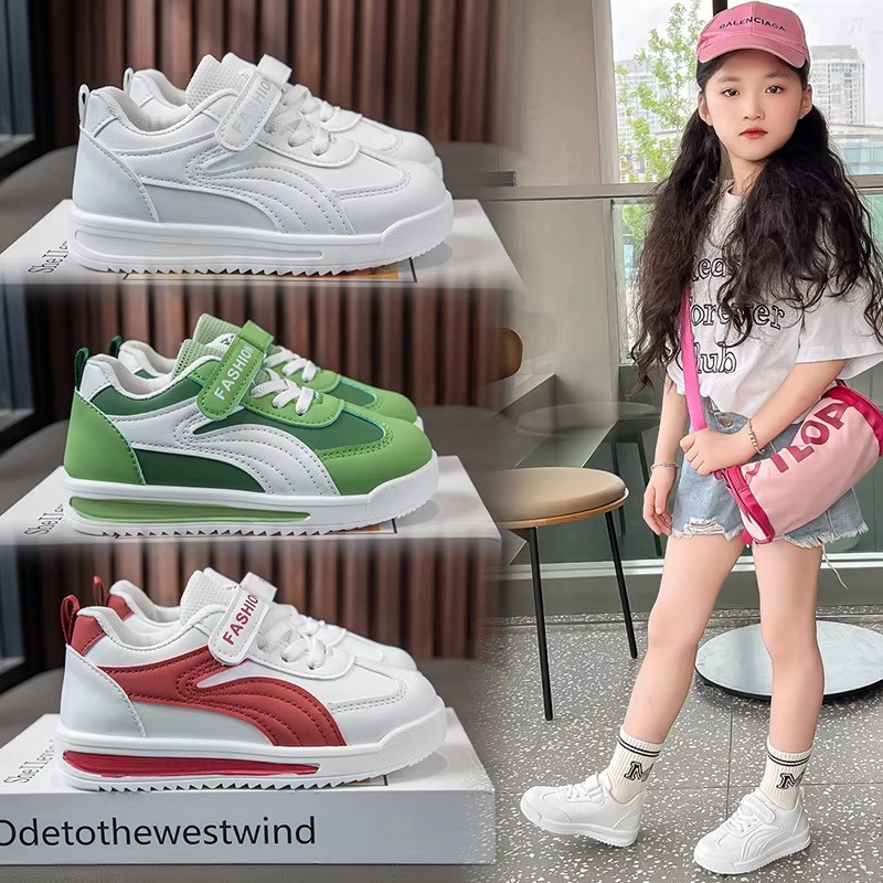 Children's Spring New Leather Upper Sneakers Middle Large Children's Casual Shoes Boys and Girls Soft Sole Students Tennis Shoes