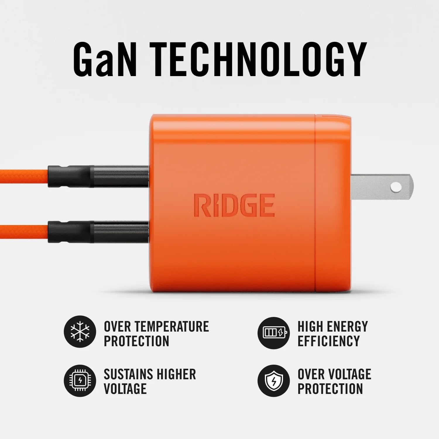 Ridge 45W Wall Charger Set, Dual USB-C Ports, Laptop-Grade Power with Complete Cable Kit Included - Basecamp Orange