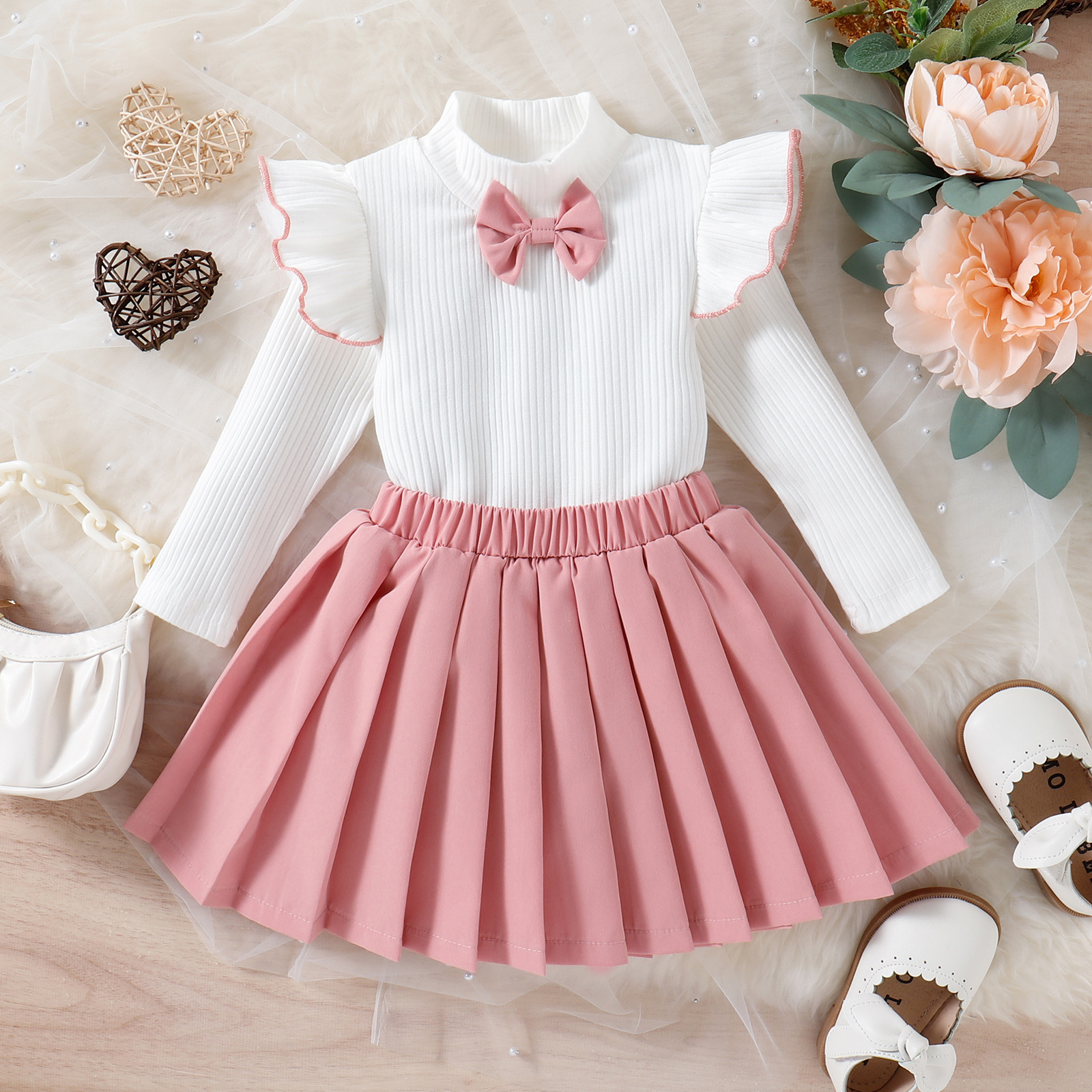 Girls' Autumn/Winter Long Sleeve Set Girls' Bow Round Neck Knitted Top+Skirt Sweater Two Piece Fashion Girls' Set
