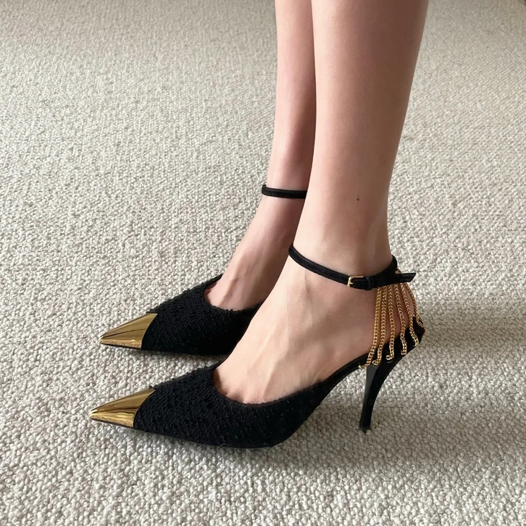 2023 Black sexy party Wedding High Heels Women Sandals Summer shoes Multi-purpose buckle pointed iron head woven fine heel