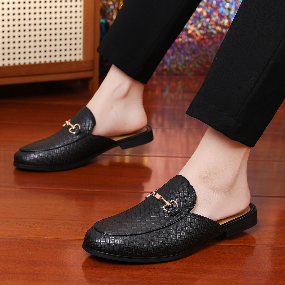Classics New Men's Half Slippers Metal Button Patent Leather Shoes Male Casual Mules Breathable Loafers