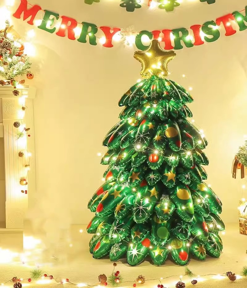 Large Standing Christmas Tree Baubles 3D DIY Inflatable Spliced Aluminum Foil Balloons for Home New Year Xtmas Decorations Set