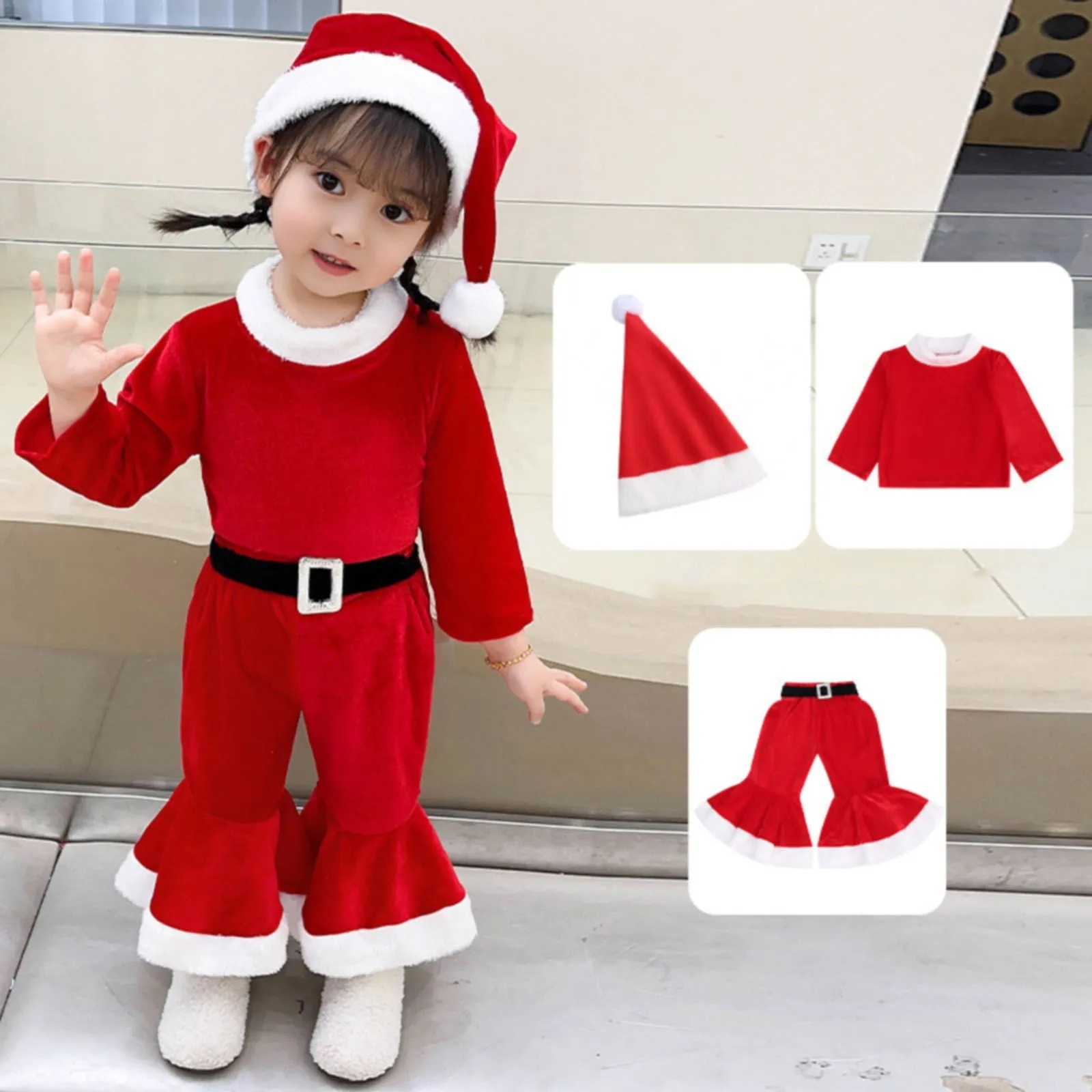 Baby Girl Christmas Outfits Long Sleeve Bell Bottom Pant Christmas Clothes Set Santa Costume Cosplay Clothes