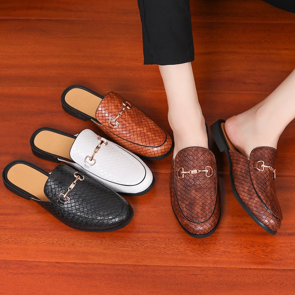 Classics New Men's Half Slippers Metal Button Patent Leather Shoes Male Casual Mules Breathable Loafers