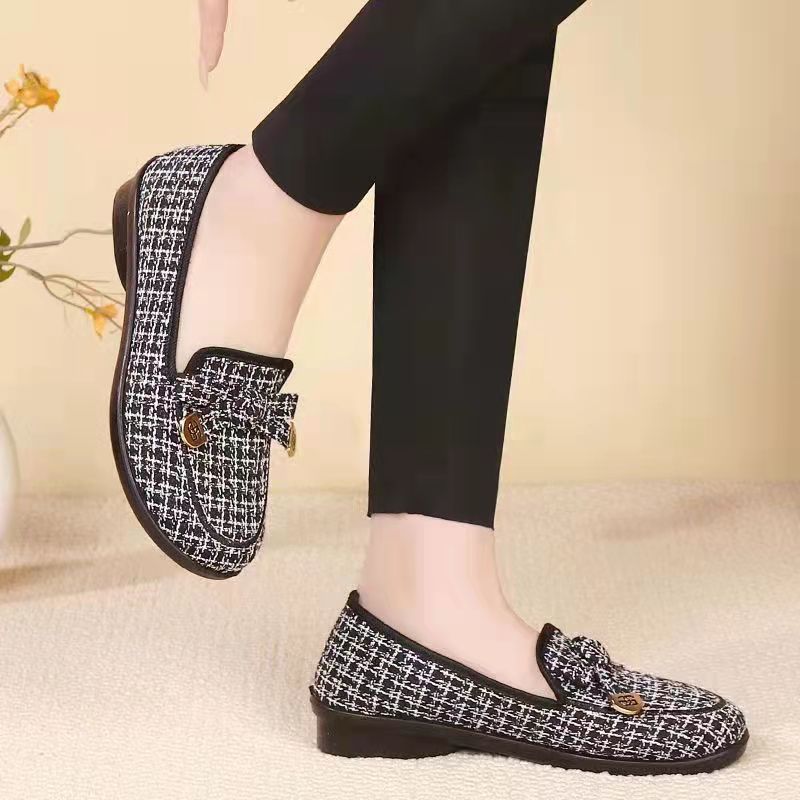 Women's Monogram Print Bow Loafers New Jacquard Fabric Low Heel Slip-On Dress Shoes for Female Office Daily