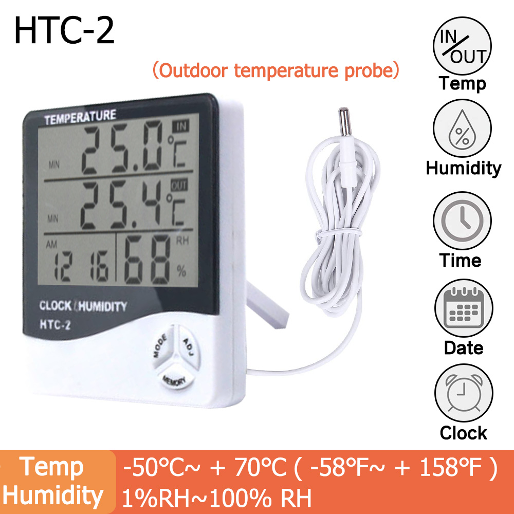 LCD Digital Thermometer Hygrometer Electronic Temperature Humidity Meter Weather Station Clock Indoor Outdoor Room Thermometer