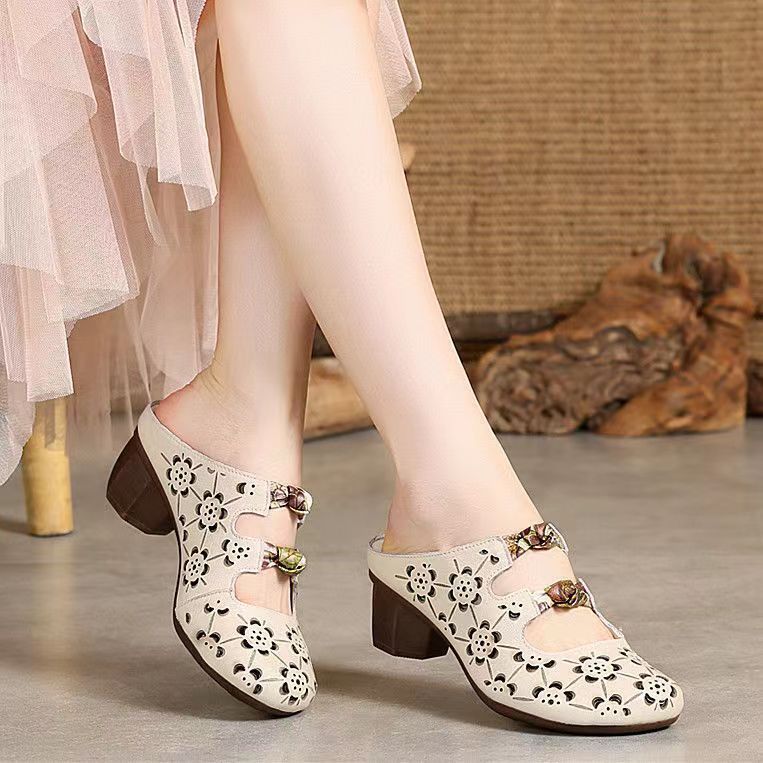 Thick Heeled Hollow Out Women's Slippers Summer Retro Open Toed Sandals, Breathable Ethnic Style
