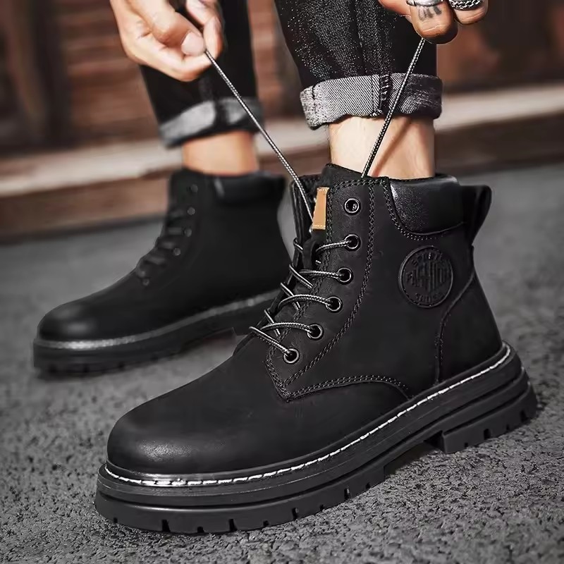 Boots Men High Top Boots Women Leather Shoes Fashion Outdoor Sneakers Men Lace Up Non-Slip Ankle Boots for Couple