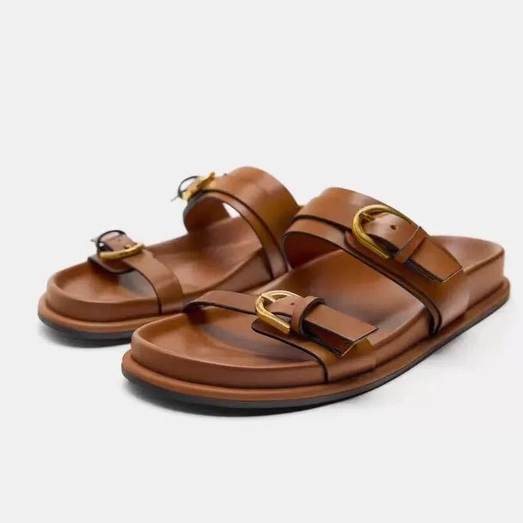 2025 Brown Metal Buckle Flat SlipperWomen Round Head Open Toe Flatfrom Slppers