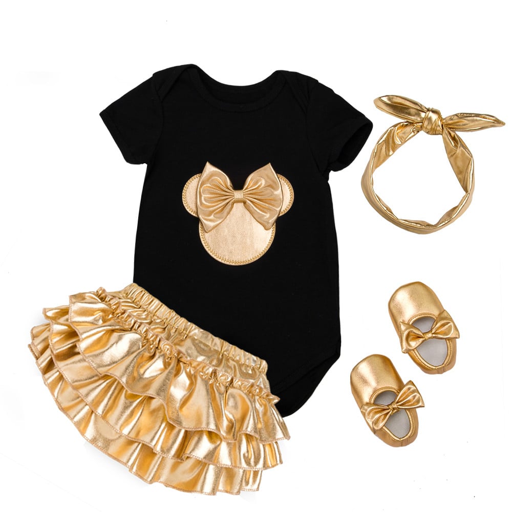 Baby Girl Clothes 3pcs Clothing Sets Black Cotton Rompers Golden Ruffle Bloomers Shorts Shoes Headband Newborn Clothes