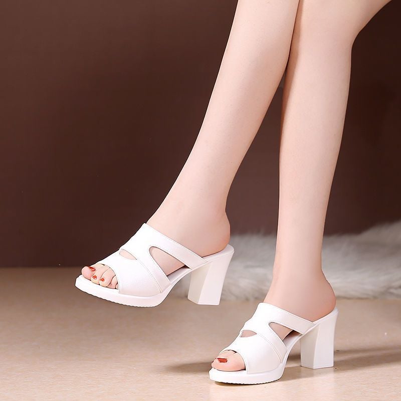 New Fashionable Outerwear Coarse Heel Middle Heel Versatile Fish Mouth Outerwear High Heels Cool Slippers