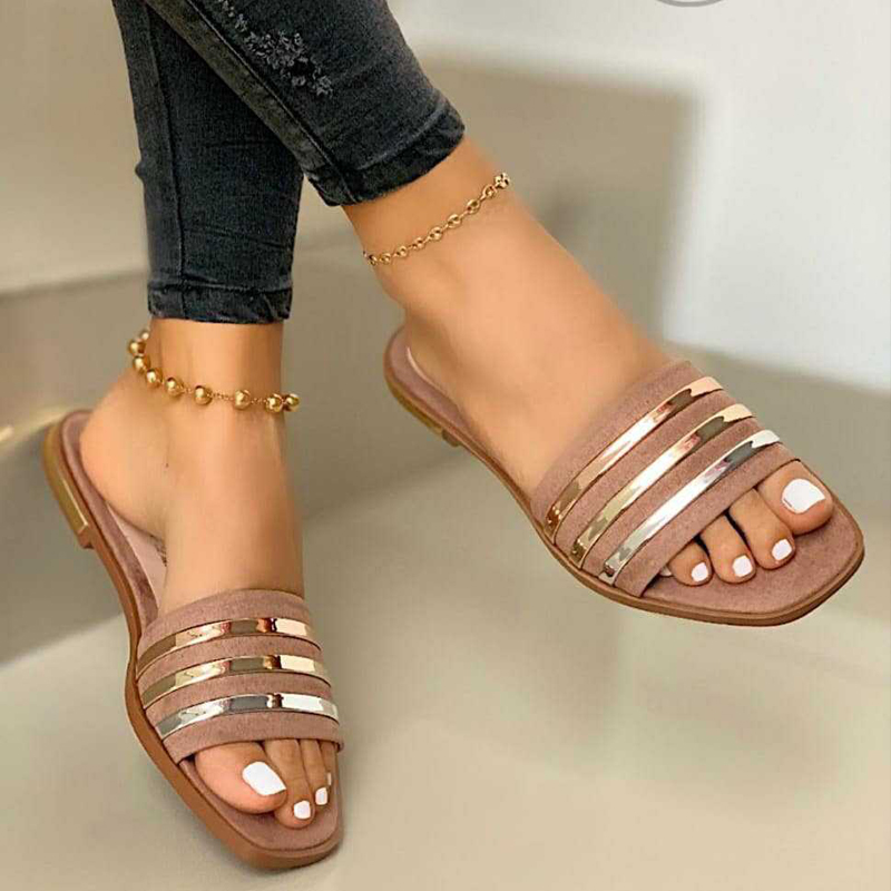 Ladies fashion slippers summer slippers pu ladies casual flat striped women sandals