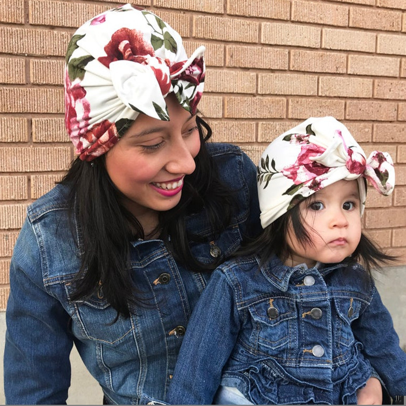 Newborn Infant Baby Girl Boy Mom Turban Hat Bows Flower Head Wrap Leopard India Hat Cotton Cap Parent-child Suit Beanie