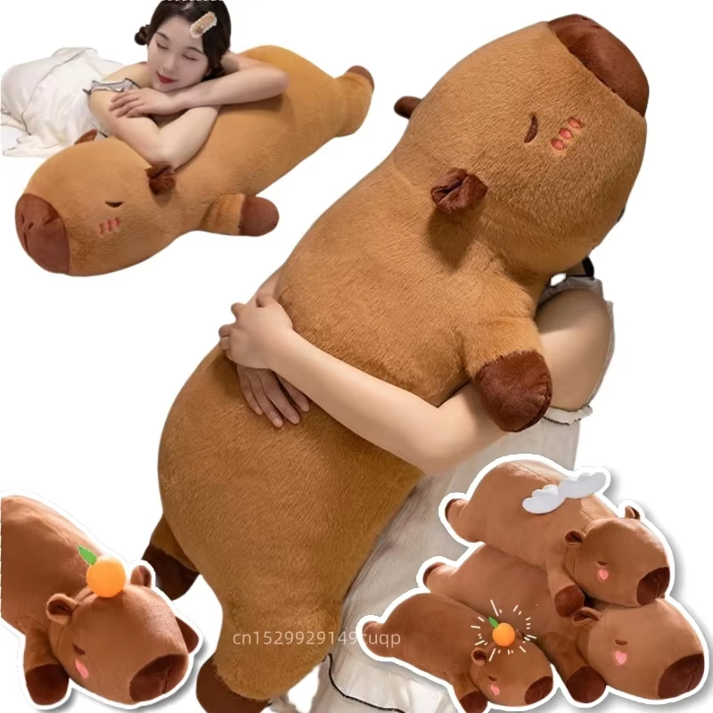 50cm-130cm Kawaii Cartoon Giant Strip Capybara Plush Doll Pillow Lying Brown Orange Wings Creative Capybara Plush Toy Home Decor