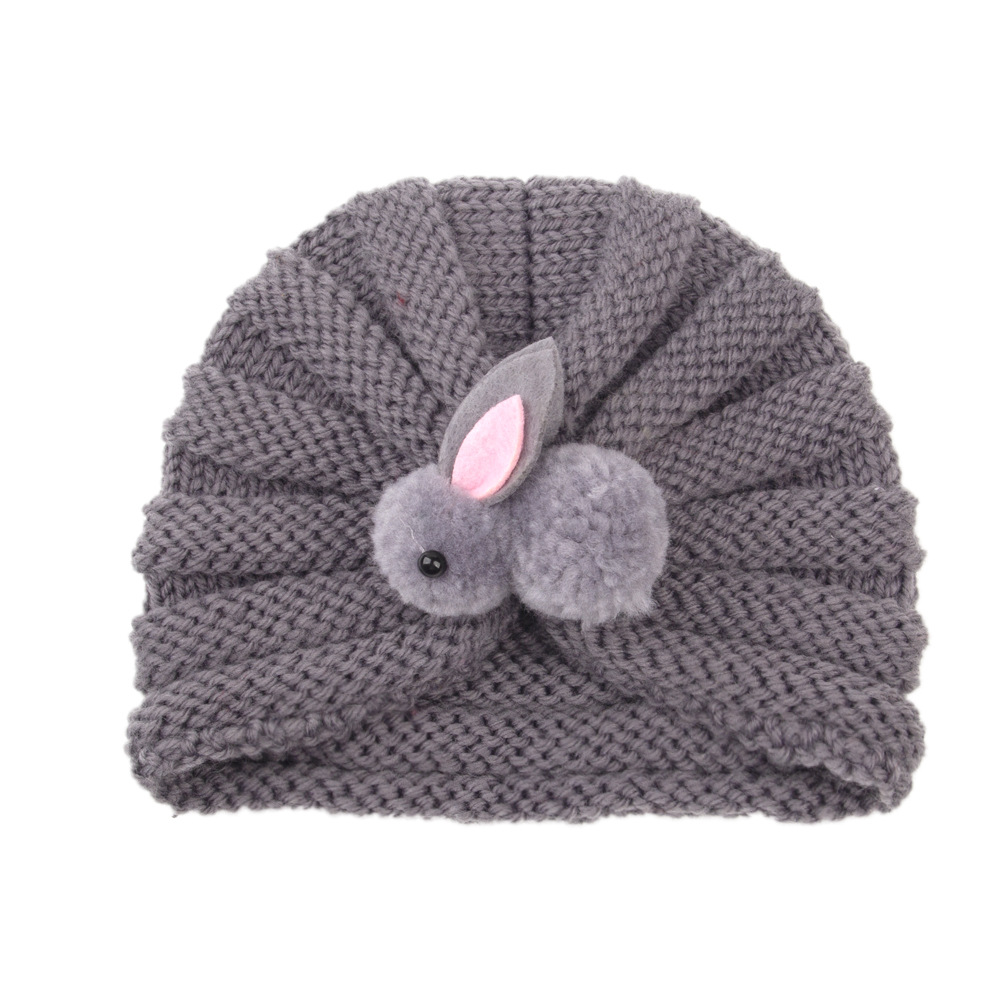 Children's wool knitted hats keep warm in autumn and winter 0-3 years old baby hats solid color cute rabbit tire hats