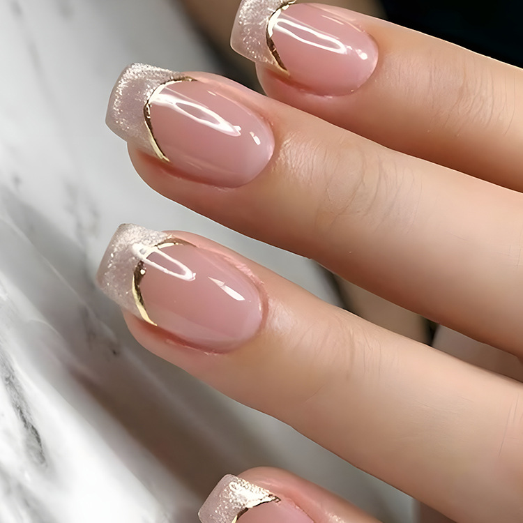 24Pcs Simple Square Head Fake Nail with Jelly Glue Pink White Gradient French Press on False Nails Short Full Cover Nail Tips