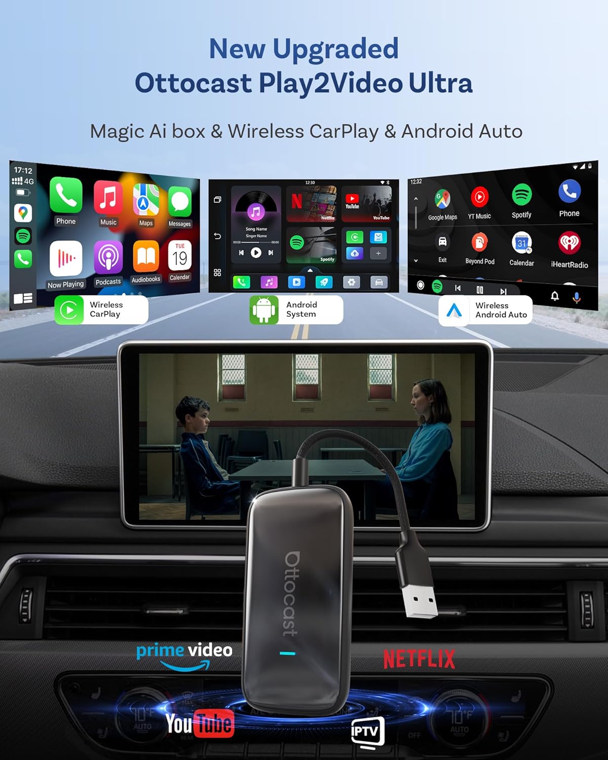 OTTOCAST 2026 Play2Video Ultra Magic AI Box Car Streaming Devices, Wireless CarPlay Android Auto Video Adapter 3 in 1 Built-in Netflix/YouTube Android