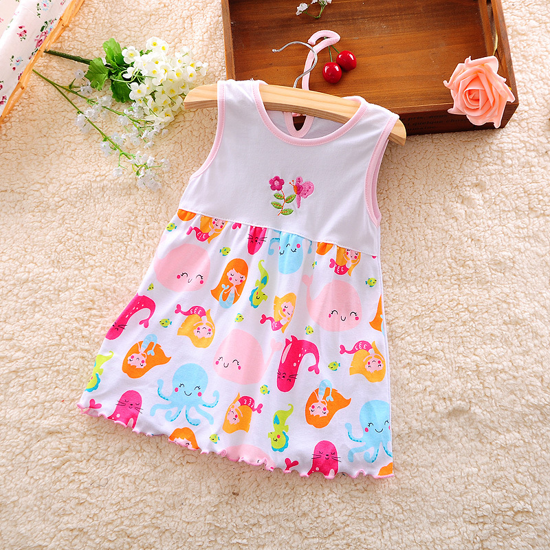 New Baby Dress Cute Animal Plant Baby Dress Little Girl in Sleeveless Dress Casual Cotton Vest Little Princess Dress