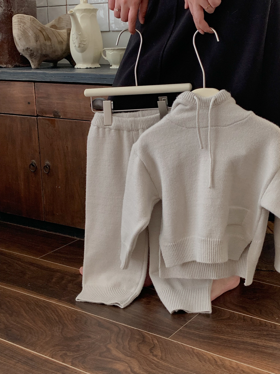 Girls' Set Autumn Children's Hooded Knitted Long Sleeve Sweater Pants