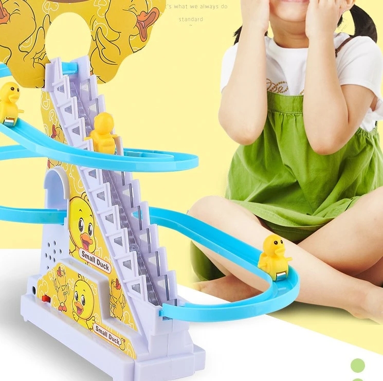 Electric Rail Racing Track Small Duck Climbing Stairs Toy DIY Racing Track Toy Music Duck Roller Coaster Toy For Boys Girls Gift