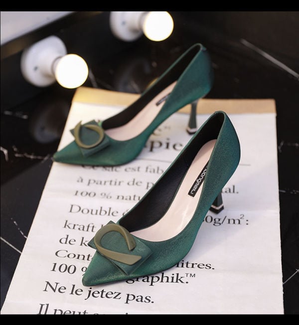 Green banquet shoes evening high heels women's spring new pointy satin stiletto heel with a heel height of 7cm