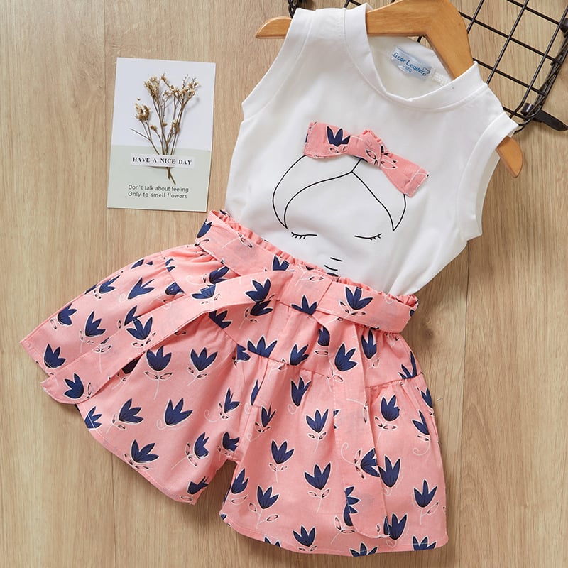 2Pcs Summer Clothes Bow Girls Clothing Sets Cartoon Print T-shirt+Short for Kids Clothes 3-7Y Sleeveless
