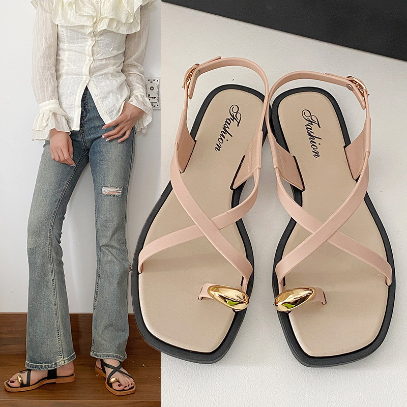 2026 New Women's Toe Loop Slides Summer Outdoor Wear Trendy Flat French Elegant One Strap Flip Flop Sandals