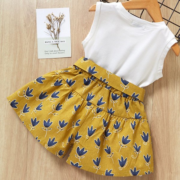 2Pcs Summer Clothes Bow Girls Clothing Sets Cartoon Print T-shirt+Short for Kids Clothes 3-7Y Sleeveless