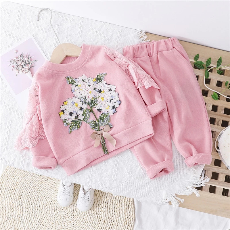 Baby Girls Clothes Set Autumn Winter Lace Embroidery Tops + Long Pants 2 Piece Girl Clothes Suit Casual Children Outfits