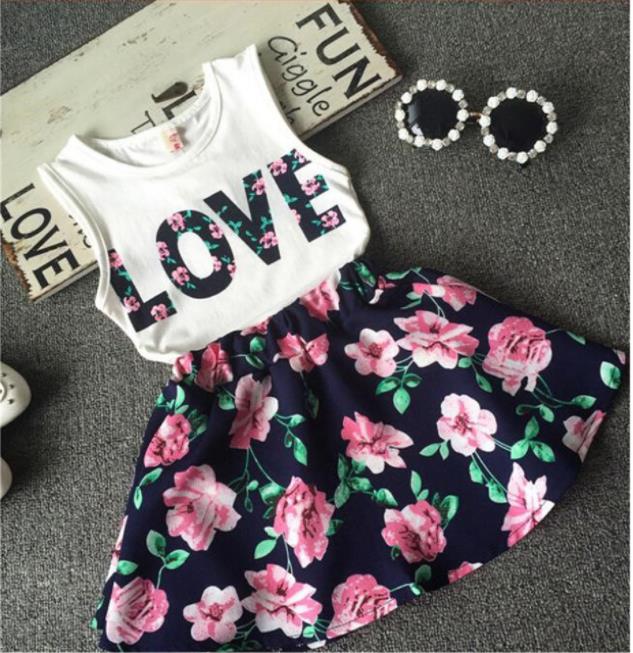 Girls' love letter flower sleeveless vest + floral short skirt 2 pics sets
