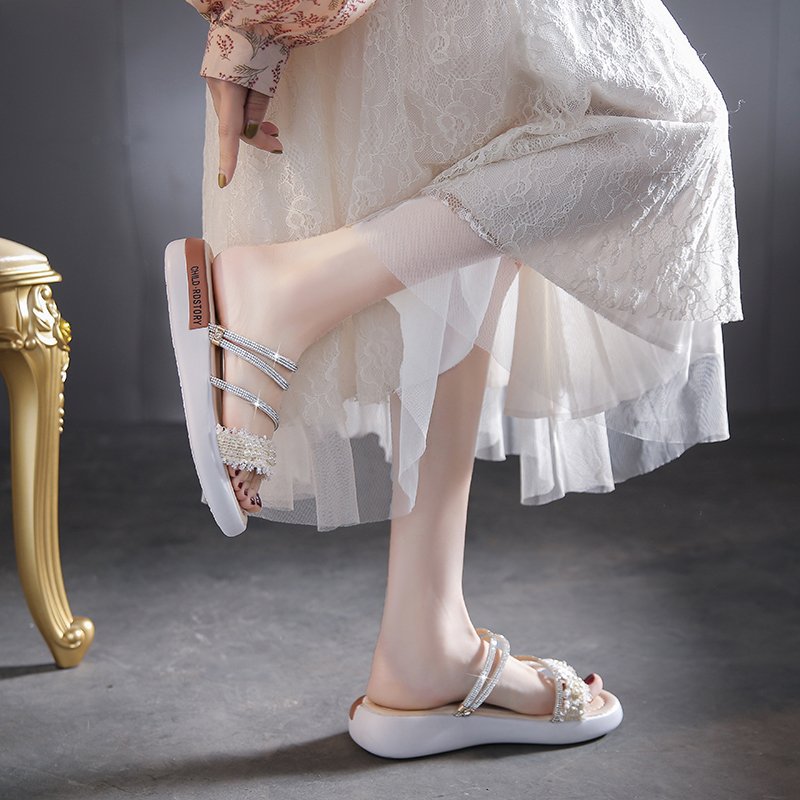 Rhinestone Sandals Women's Flat Shoes Fairy Style 2023 Summer New Student Pearl Double Wear Roman Sandals Fashion