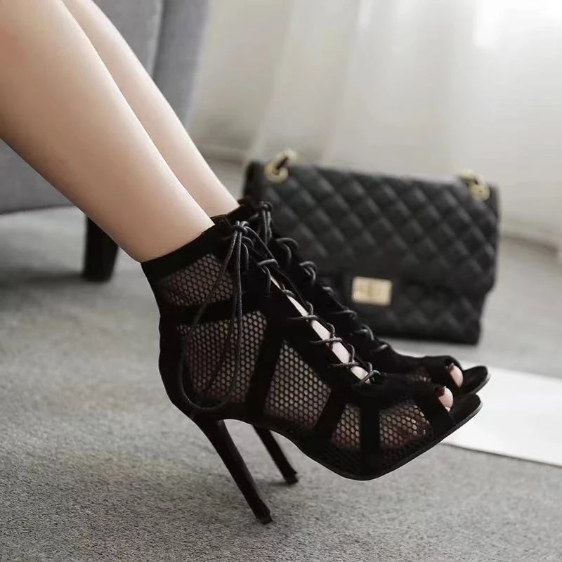 New Sexy High Heels Hollow Mesh Sandals Summer Fashion Trend Comfort Peep Toe Boots Stilettos Jazz Dance Female Shoes Plus Size