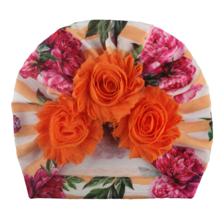 2022NEWLovely Three Pearl Flowers Newborn Hats Baby Girls Printed Polyester Cotton Bonnet Children Striped Caps Warm Headwear