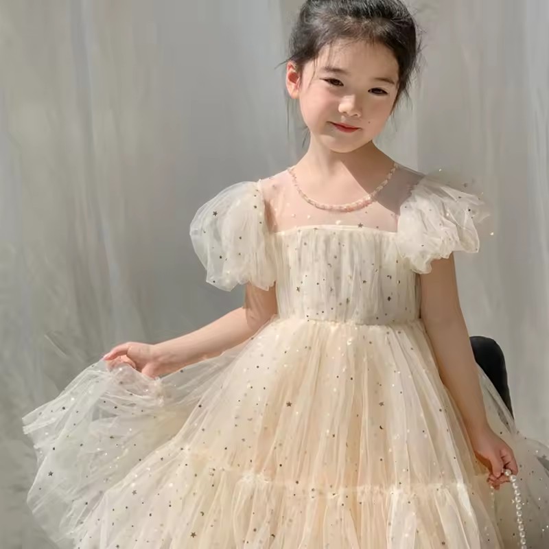 1pcSummer Kids Girls' Dress Baby Temperament Princess Dress Cute Sweet Children's Dress Westernized Dreamy Yarn Dress