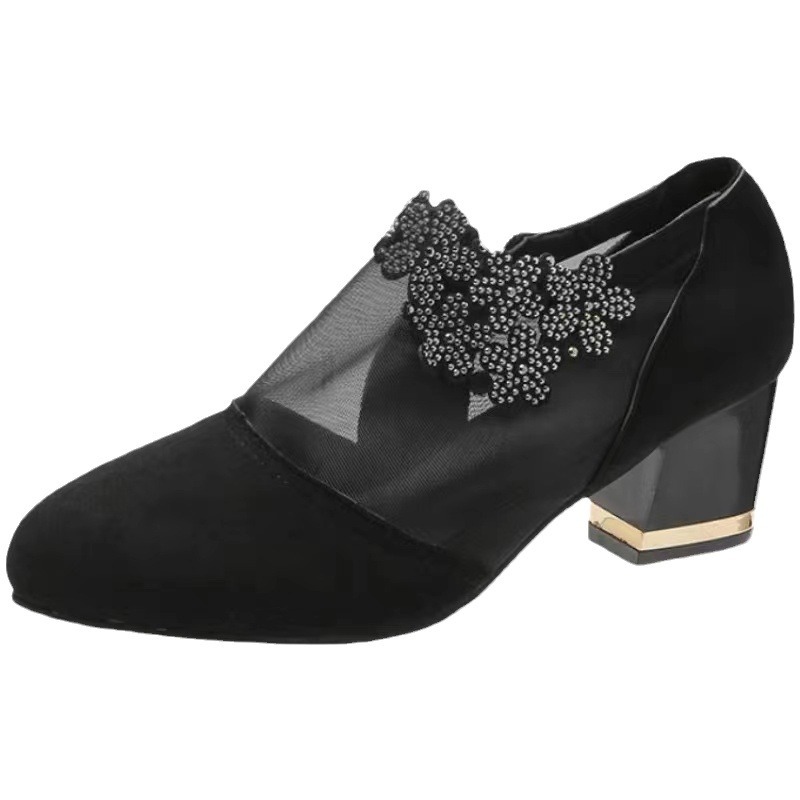 Fashion Women Shoes Sexy Black Hollow Mesh Pointed Heels Elegant Flower Shaped Rhinestone Ornament Footwear