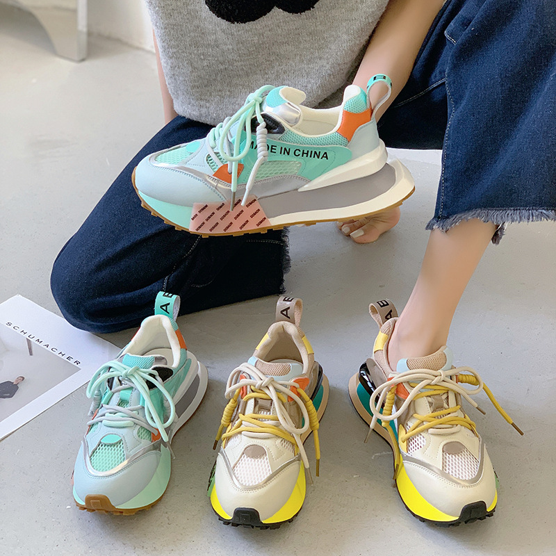Breathable and versatile sports casual trendy shoes, soft leather dad shoes, women's summer new fashion contrast color thic