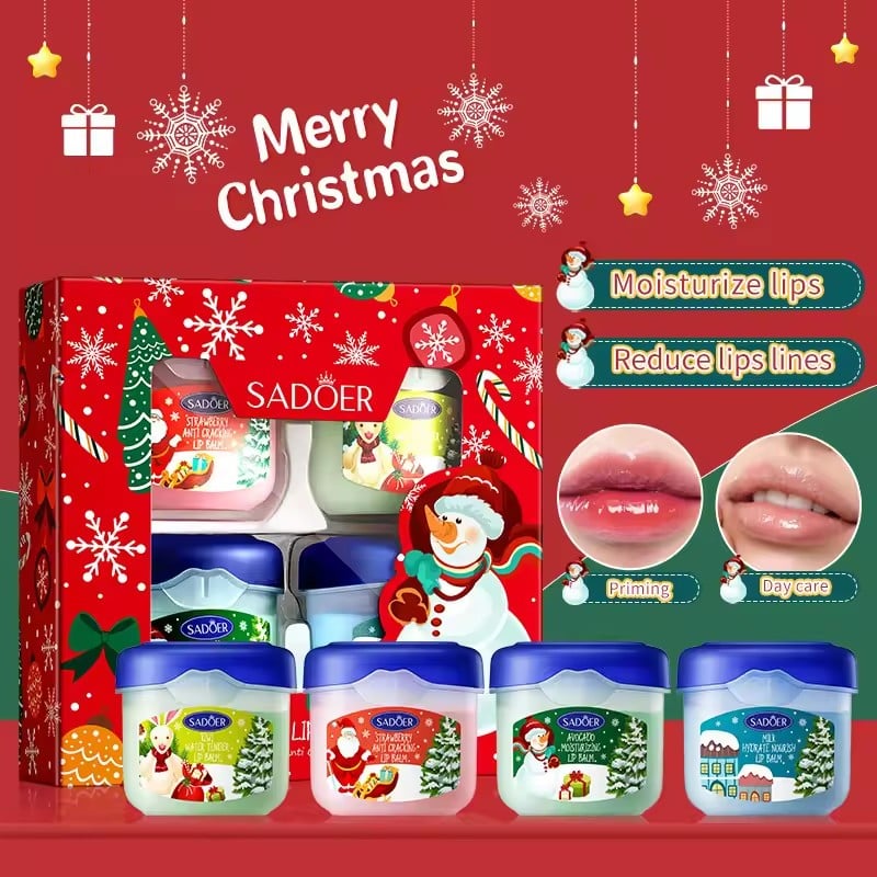 4PCS SADOER Christmas Set Brightening Lip Balm Moisturizing Anti Cracking Hydrating Repair Nourishing Lipstick Skin Care