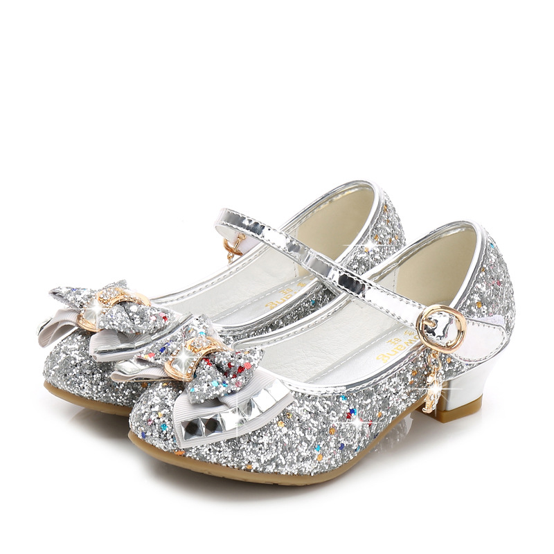 Princess Children's Leather Shoes Girls Flowers Casual Sequins Children's High Heels Girls' Shoes Bowknot Blue Pink Silver