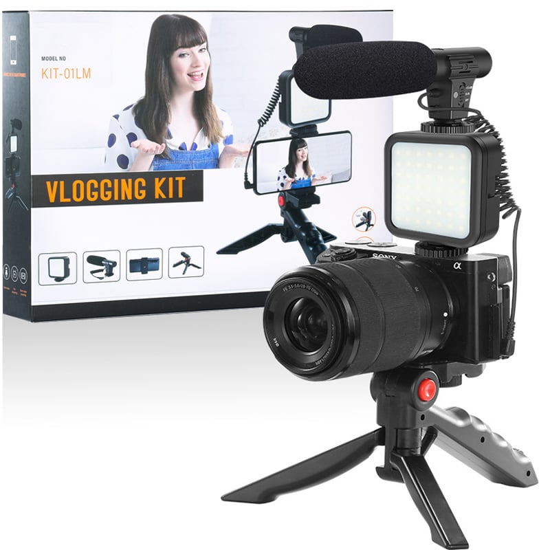 Professional Studio Microphone For Phone Camera Vlog Video Recording Condenser Microphone with Tripod LED Light Tabletop Stand