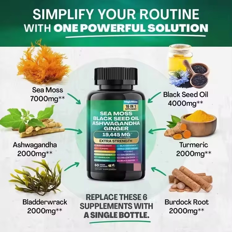 Turmeric Burdock & Ginger Sea Moss Black Seed Oil Ashwagandha Herbal Plant Extract Sea Moss Capsules Vitamin and Supplement