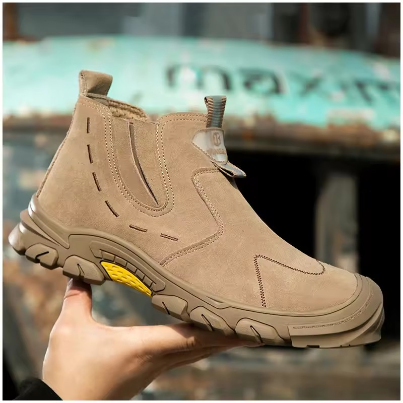 men's casual steel toe caps safety boots slip-on cow suede leather work shoes outdoors worker security ankle botas safe footwear