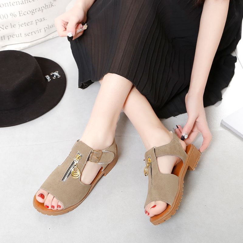 Women's Summer New Korean Edition Student Coarse Heel Thick Bottom Sandals with Open Toe Zipper Flat Sandals for Women