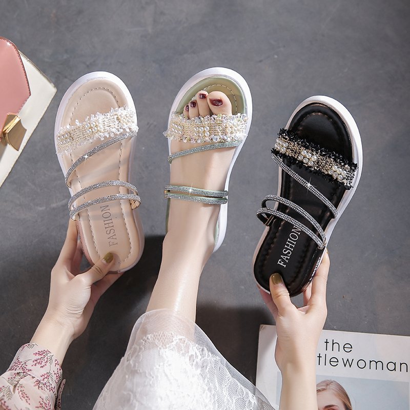 Rhinestone Sandals Women's Flat Shoes Fairy Style 2023 Summer New Student Pearl Double Wear Roman Sandals Fashion