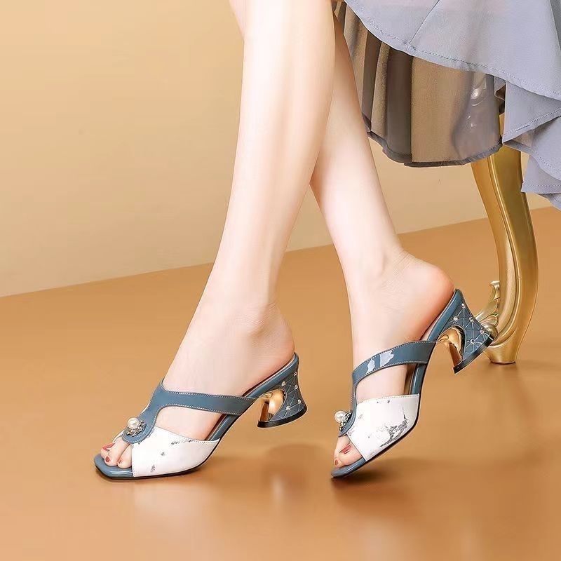 Open-toe Sandals Women Elegant Woman High Heel Shoes Summer Fashion Comfort Thick Middle Heels Slippers Metal Decoration