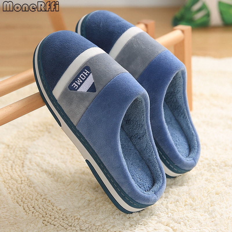 Warm Cotton Slippers For Men Winter Home Wear-Resistant Stripe Non-slip Indoor Slides Couple Women Shoes Classic Men Slippers