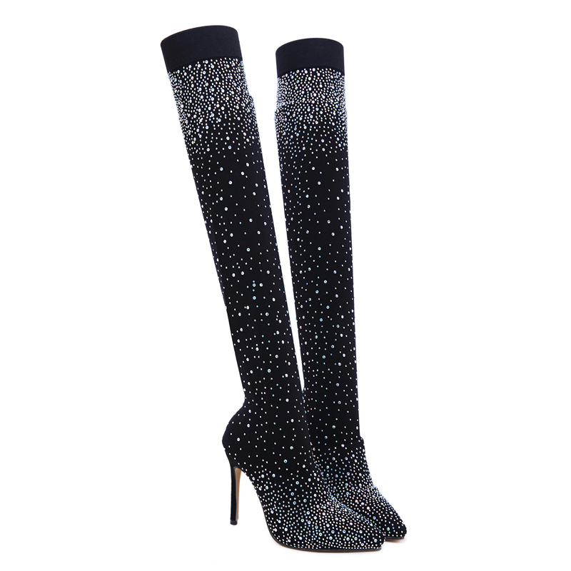 Women Over The Knee High Thigh Sock Boots 11.5cm High Heels Fall Crystal Diamond Stripper Long Tight Pleaser Boots Shoes